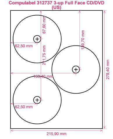 Compulabel 312737 3-up Full Face CD DVD (US) label template layout