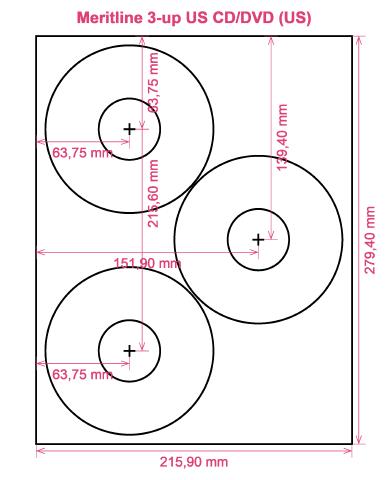 Meritline 3-up US CD DVD (US) label template layout