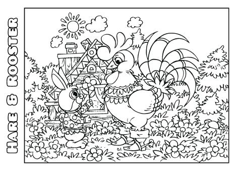 Hare & Rooster coloring book template