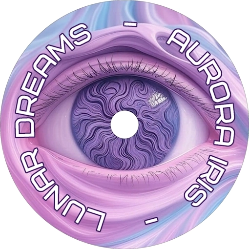 AI-generated surreal CD label for Lunar Dreams: Aurora Iris