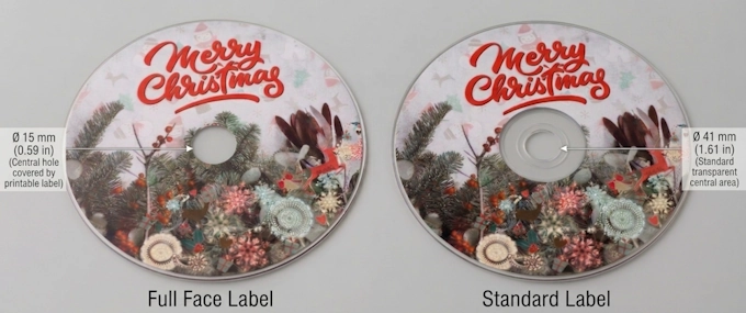 Comparison of Full Face 15mm and Standard 41mm CD label hole dimensions