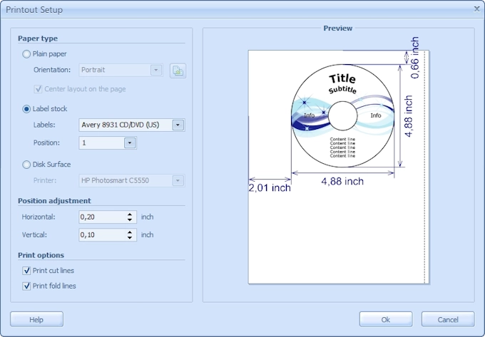 RonyaSoft printout setup window showing position adjustment coordinates