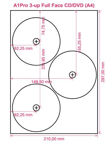 A1Pro 3-up Full Face CD DVD (A4) label template layout