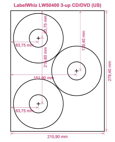 LabelWhiz LW50400 3-up CD DVD (US) label template layout