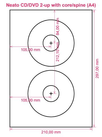 Neato CD DVD 2-up with core spine (A4) label template layout