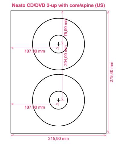 Neato CD DVD 2-up with core spine (US) label template layout