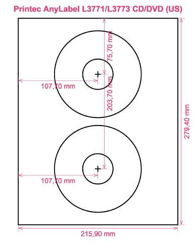 Printec AnyLabel L3771 L3773 CD DVD (US) label template layout