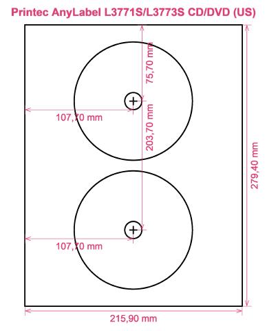 Printec AnyLabel L3771S L3773S CD DVD (US) label template layout