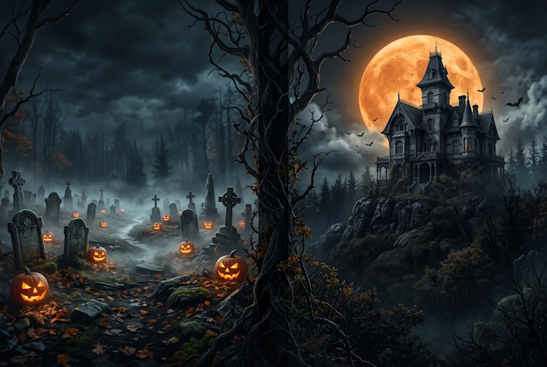 AI generated spooky graveyard background for DVD cover