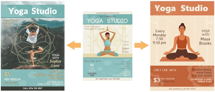 Ready-made Yoga studio poster template with arrows pointing to two customized poster variations, created in RonyaSoft Poster Designer