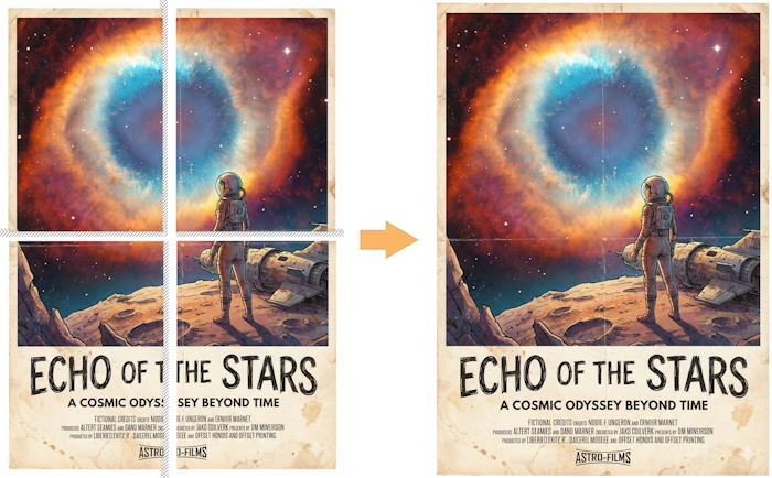Left: printed sheets with margins. Right: assembled poster.