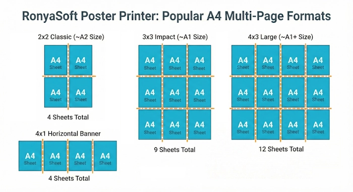 Schematic breakdown of popular multi-page layouts: 2x2, 3x3, 4x3